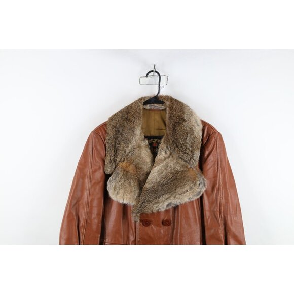 Vintage 60s 70s Streetwear Mens 44 Rabbit Fur Trim Leather Trench Coat Jacket - Picture 2 of 16